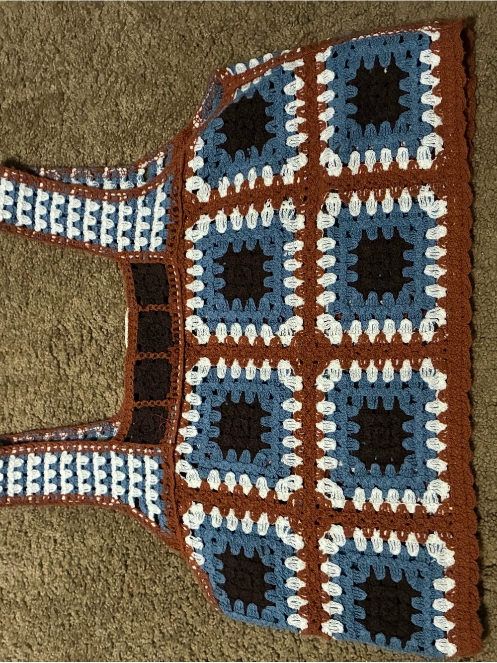 Handmade Crochet Granny Square Tote - Blue, White & Brown